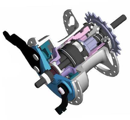 Schnittmodell einer Sturmey-Archer Drei-Gang-Nabe mit Rücktrittbremse